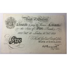 GREAT BRITAIN UK 1938 . FIVE 5 POUNDS BANKNOTE . SIGNED: PEPPIATT